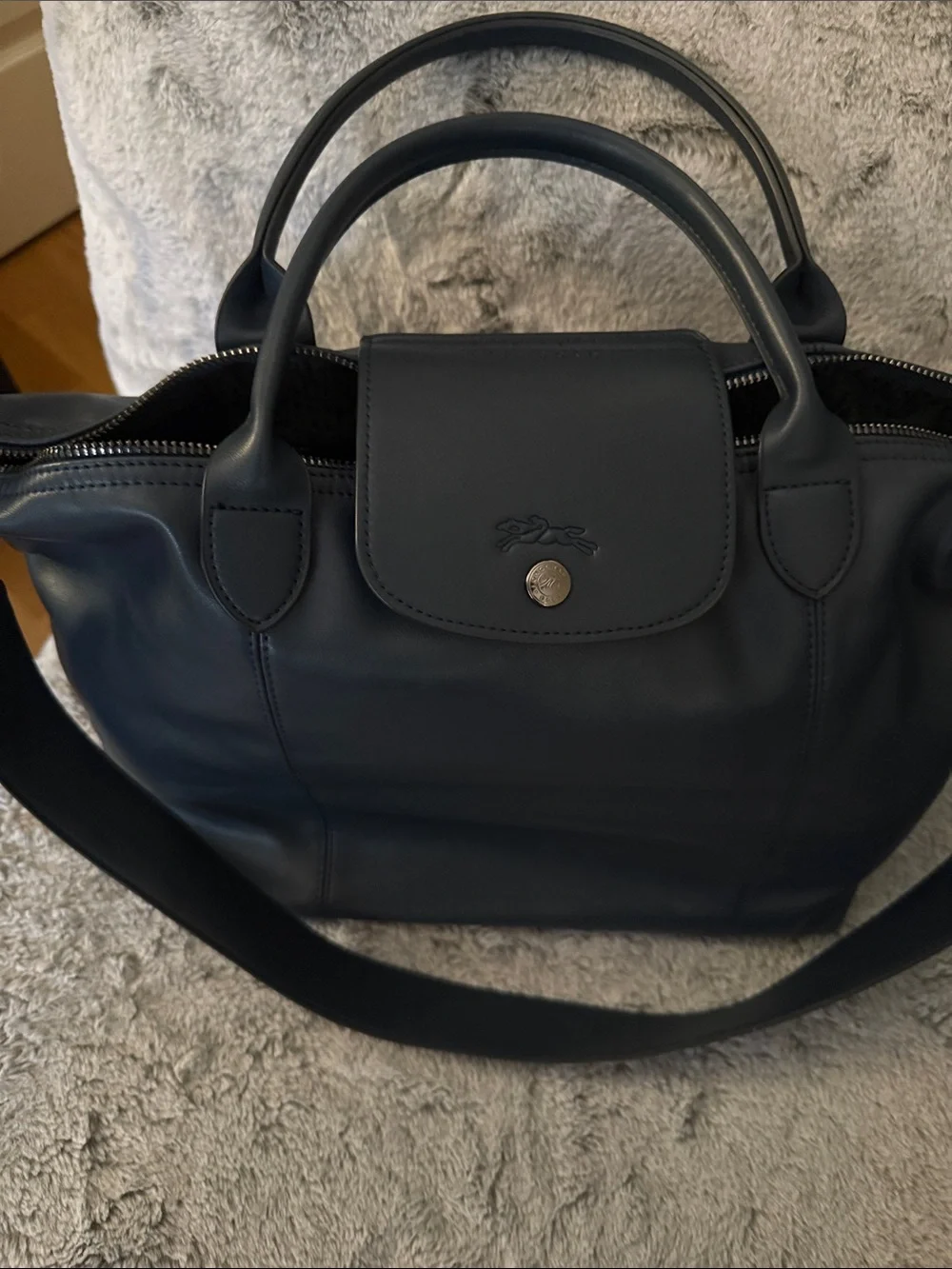Longchamp Navy Leather Duffel Bag with Detachable Strap
